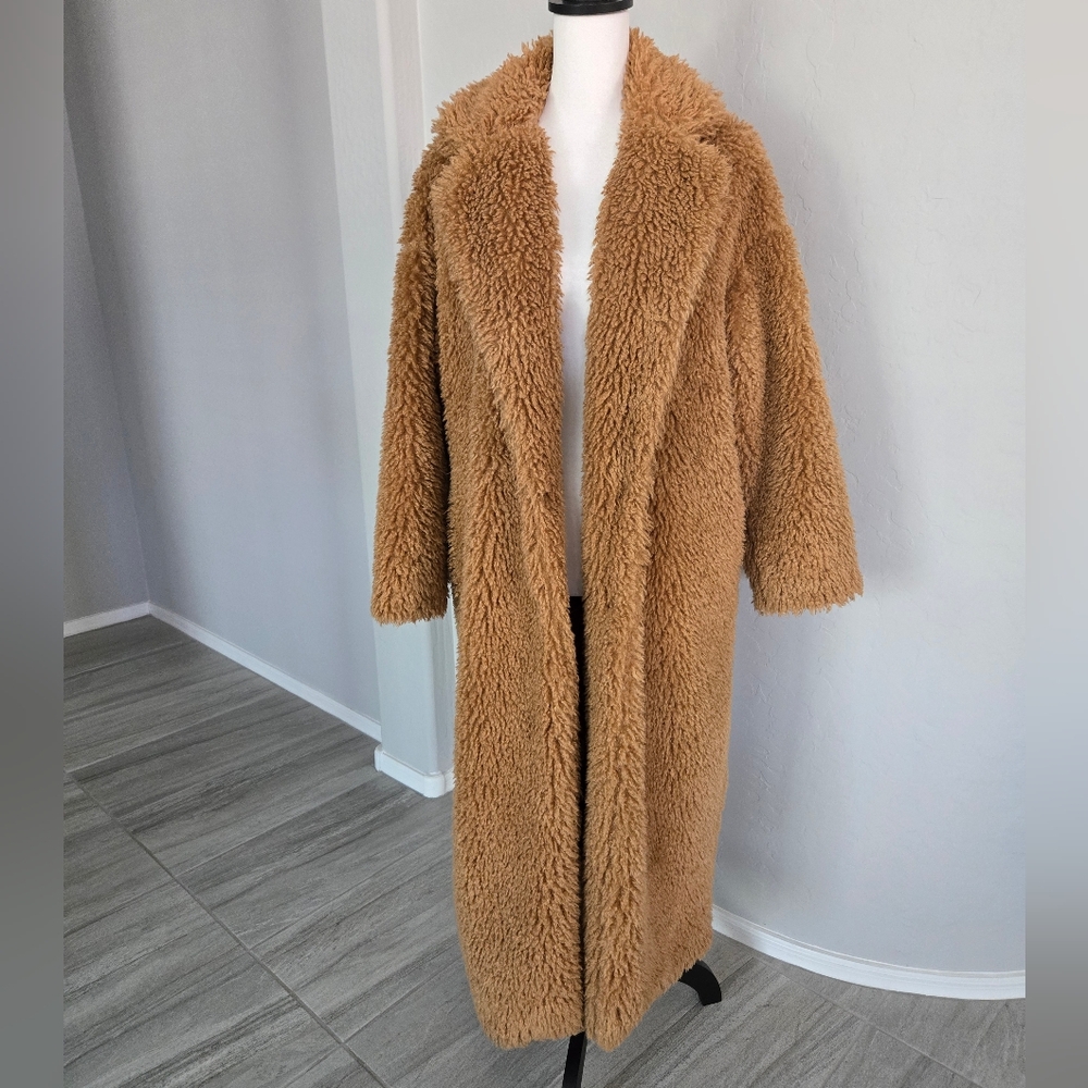 Sugar Poison Faux Fur Long Coat Jacket Trench Tan Shaggy Oversized Sz S